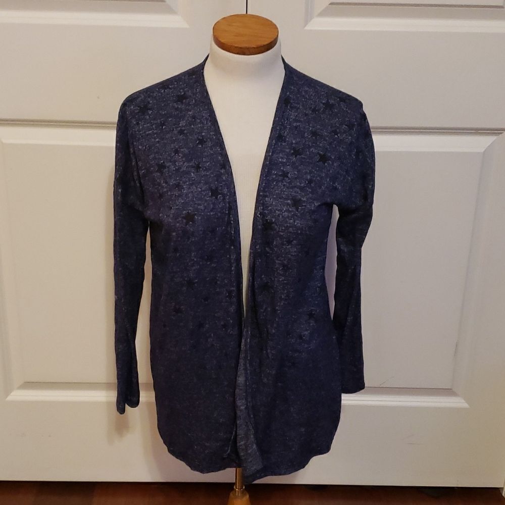 Bobeau Womens Open Front Cardigan in Dark Denim Faded Star Patriotic Size Medium